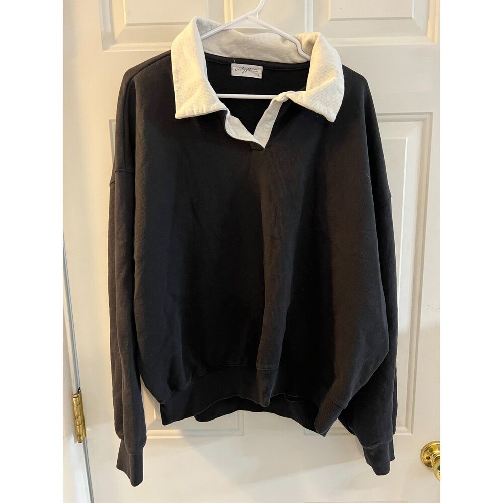 Carly Jean Los Angeles Black White Collared Sweatshirt Pullover Heavyweight L